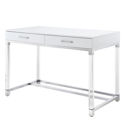 HomeRoots 48 White Clear and Gold Wood Acrylic and Stainless Steel Writing Desk With Two Drawers