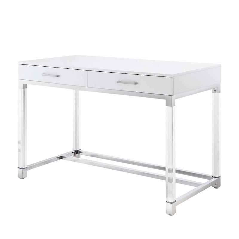 HomeRoots 48 White Clear and Gold Wood Acrylic and Stainless Steel Writing Desk With Two Drawers