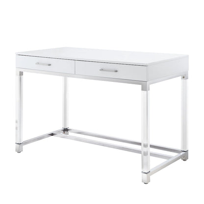 HomeRoots 48 White Clear and Gold Wood Acrylic and Stainless Steel Writing Desk With Two Drawers