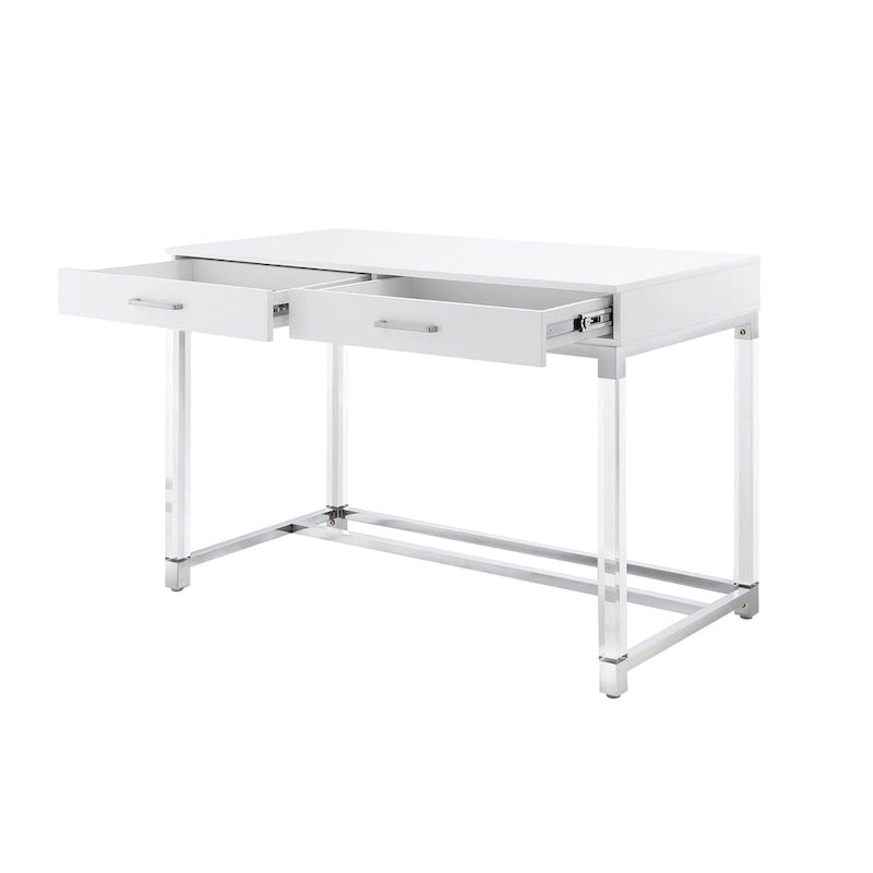 HomeRoots 48 White Clear and Gold Wood Acrylic and Stainless Steel Writing Desk With Two Drawers