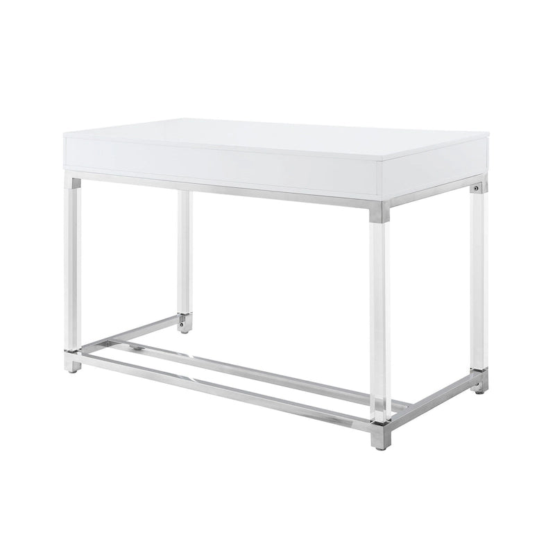 HomeRoots 48 White Clear and Gold Wood Acrylic and Stainless Steel Writing Desk With Two Drawers