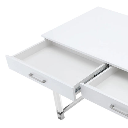 HomeRoots 48 White Clear and Gold Wood Acrylic and Stainless Steel Writing Desk With Two Drawers