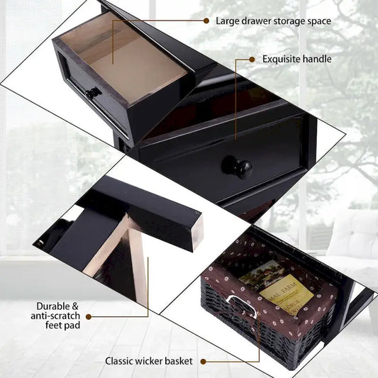 Costway Black Night Stand 3 Tiers 1 Drawer Bedside End Table Organizer