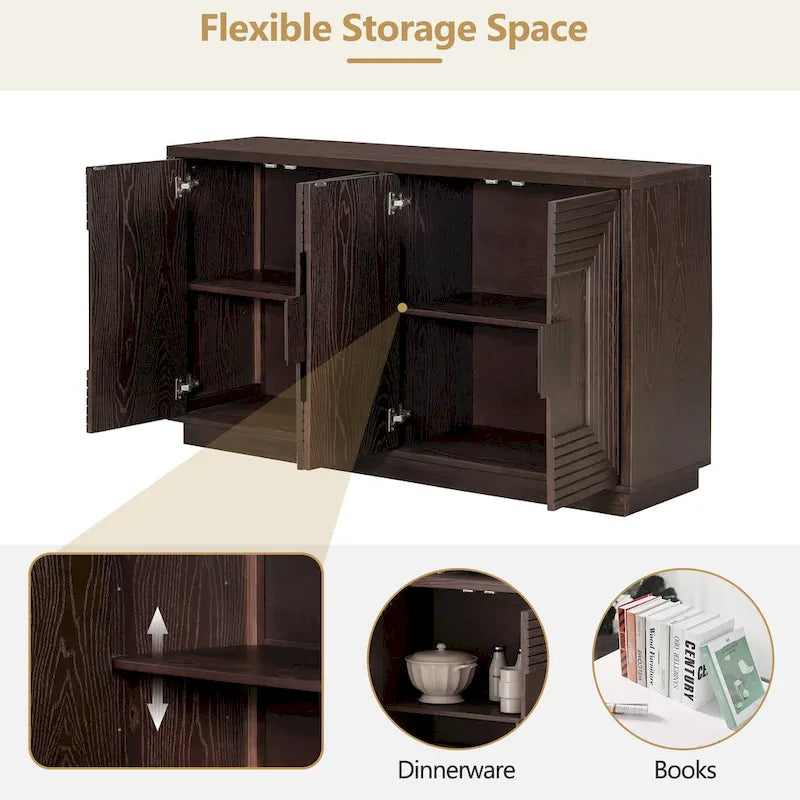 4-Door Vintage Fluted Sideboard Buffet Cabinet with Adjustable Shelves