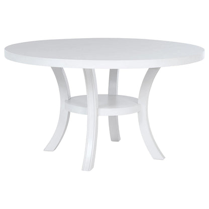 Judy Round Dining Table with Shelf and Flared Legs, White Wood 54 Inch