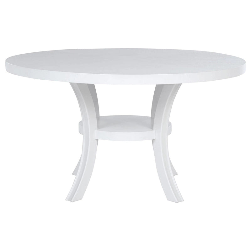 Judy Round Dining Table with Shelf and Flared Legs, White Wood 54 Inch