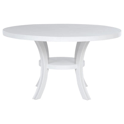 Judy Round Dining Table with Shelf and Flared Legs, White Wood 54 Inch