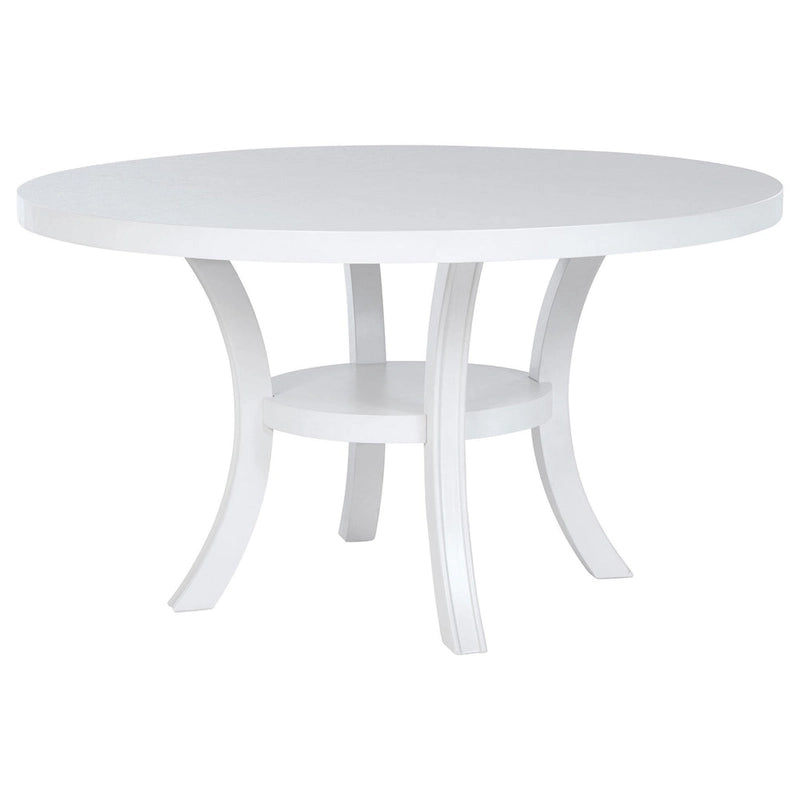 Judy Round Dining Table with Shelf and Flared Legs, White Wood 54 Inch