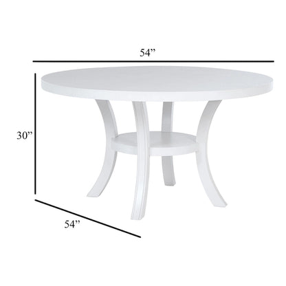 Judy Round Dining Table with Shelf and Flared Legs, White Wood 54 Inch