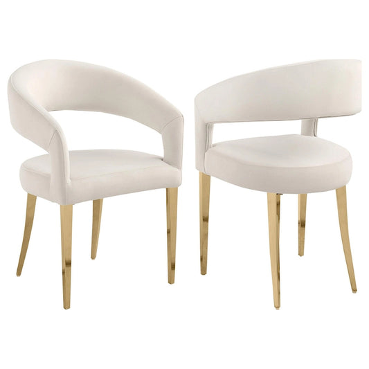 Liano Dining Chair Set of 2, Curved Open Back, Gold Legs, White Fabric