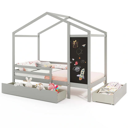 Costway Twin House Bed with 2 Storage Drawers Solid Wood Platform Bed