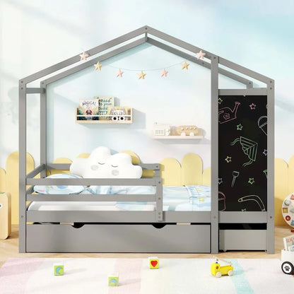 Costway Twin House Bed with 2 Storage Drawers Solid Wood Platform Bed