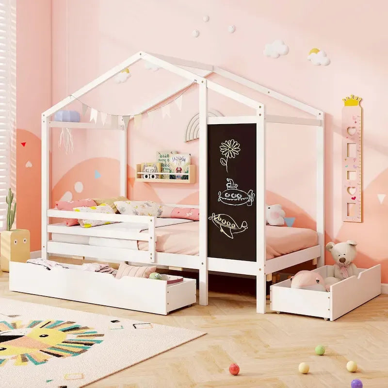 Costway Twin House Bed with 2 Storage Drawers Solid Wood Platform Bed