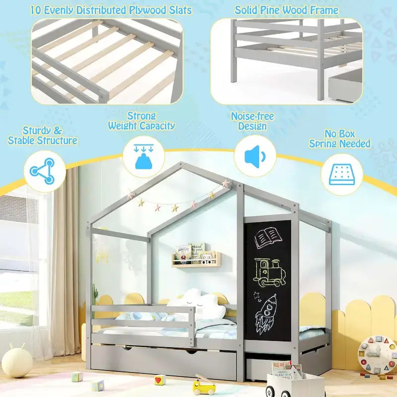 Costway Twin House Bed with 2 Storage Drawers Solid Wood Platform Bed