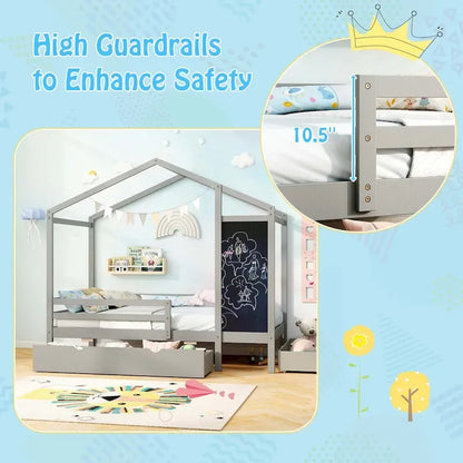 Costway Twin House Bed with 2 Storage Drawers Solid Wood Platform Bed