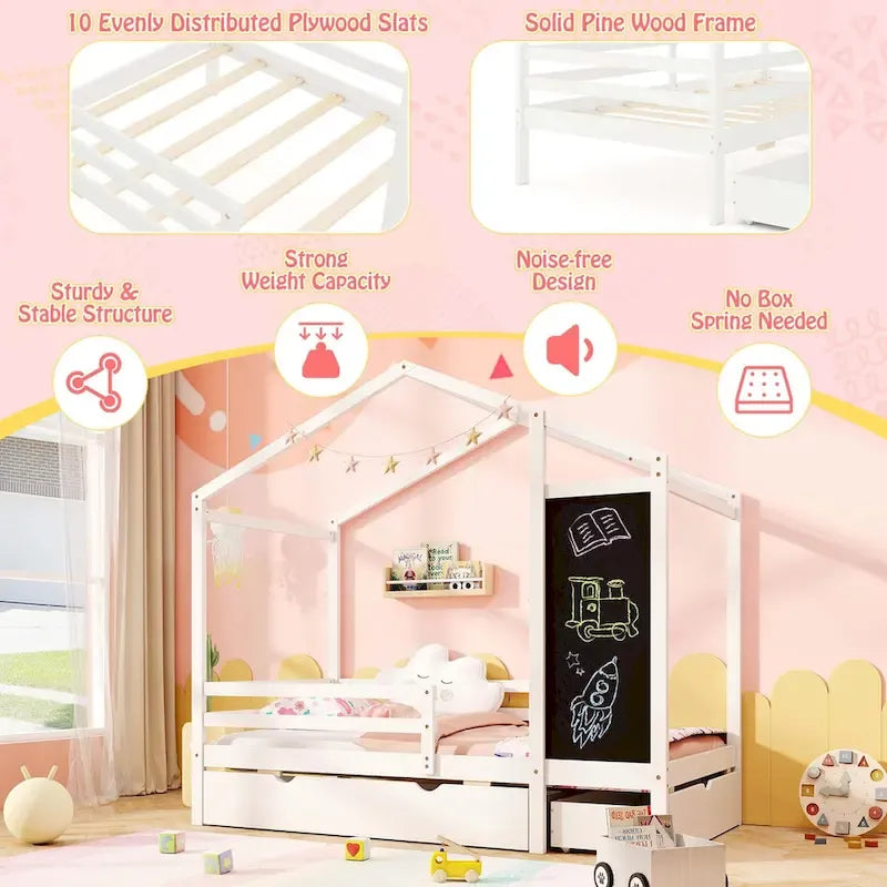 Costway Twin House Bed with 2 Storage Drawers Solid Wood Platform Bed