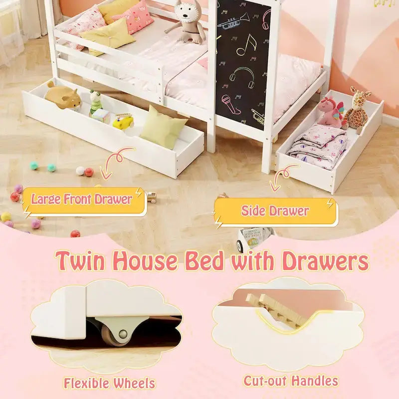 Costway Twin House Bed with 2 Storage Drawers Solid Wood Platform Bed