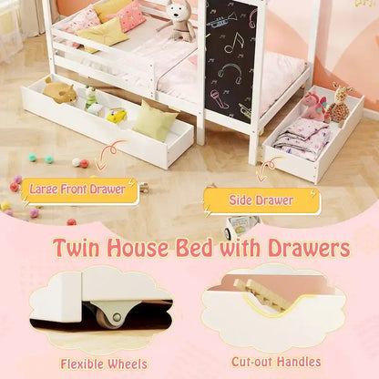 Costway Twin House Bed with 2 Storage Drawers Solid Wood Platform Bed