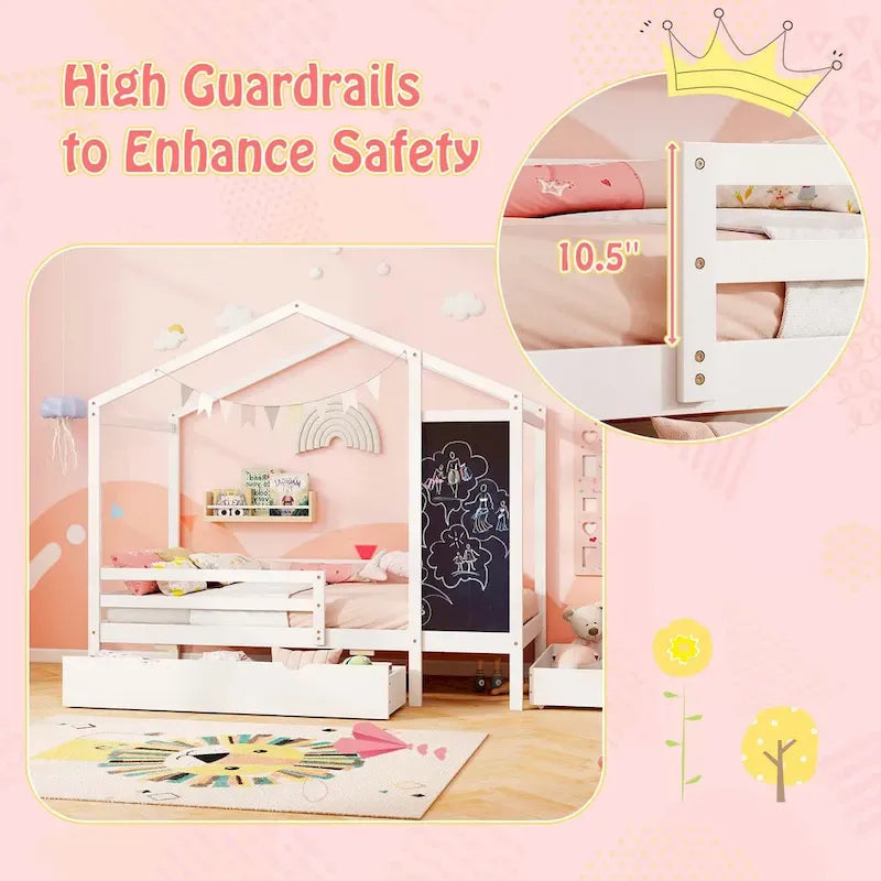 Costway Twin House Bed with 2 Storage Drawers Solid Wood Platform Bed