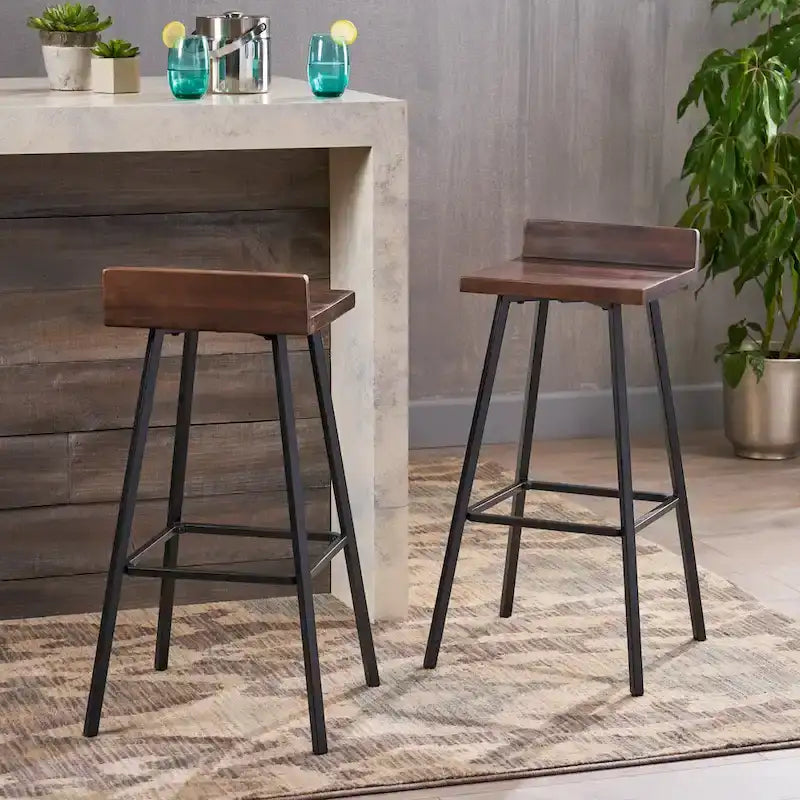 Contemporary Indoor Acacia Wood Bar Stools (Set of 2), Bar Height