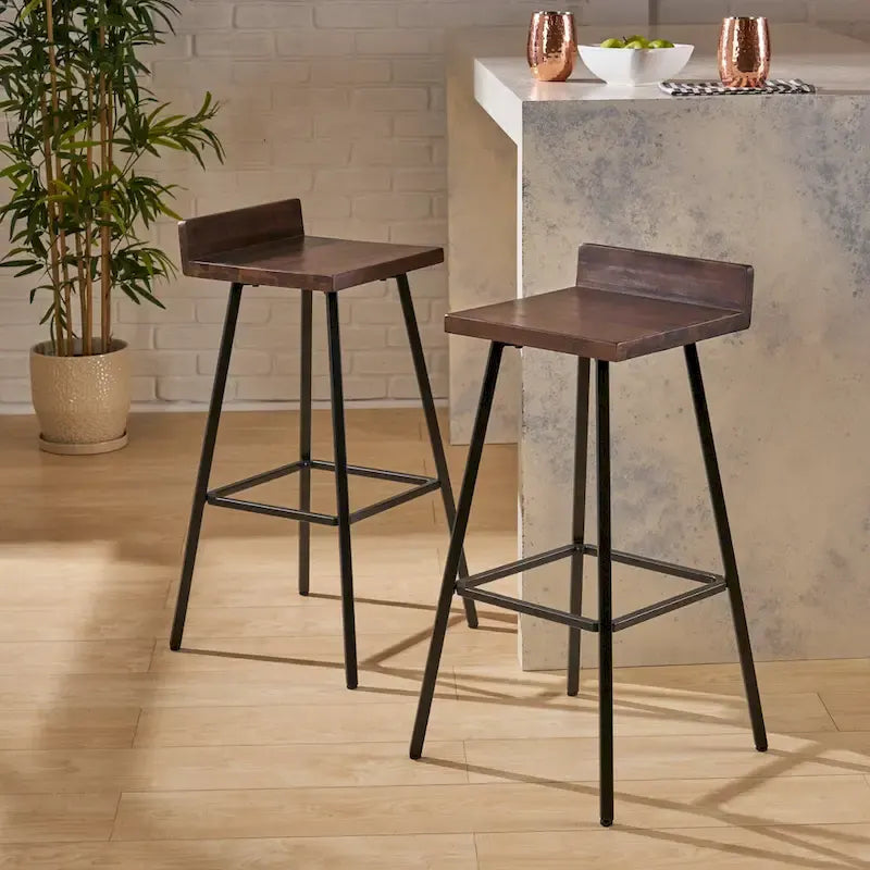 Contemporary Indoor Acacia Wood Bar Stools (Set of 2), Bar Height