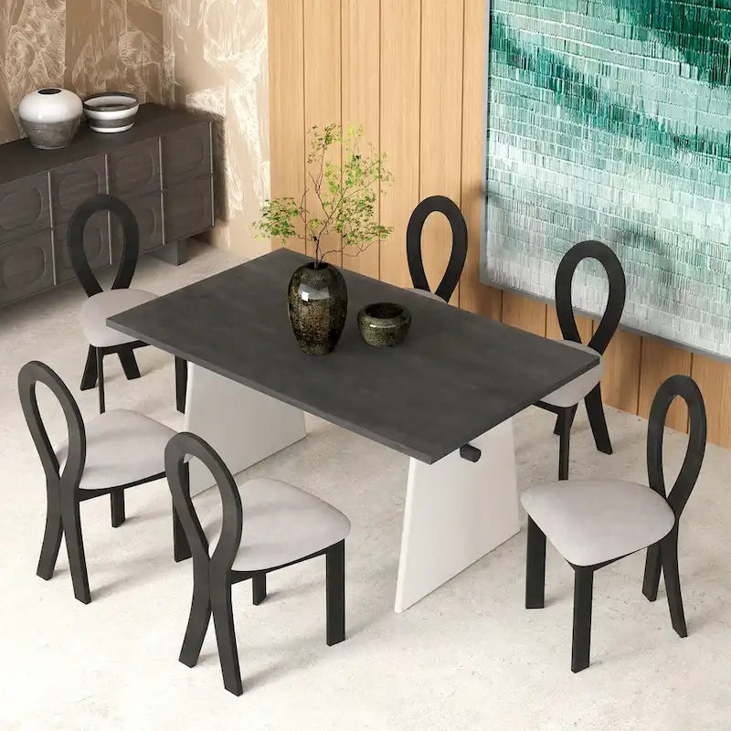 7 Piece Dining Table Set for 6, Versatile Kitchen Dining Table Set with Trestle Dining Table and 6 Upholstered Chairs