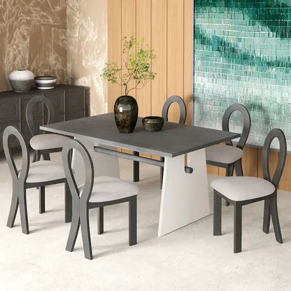 7 Piece Dining Table Set for 6, Versatile Kitchen Dining Table Set with Trestle Dining Table and 6 Upholstered Chairs