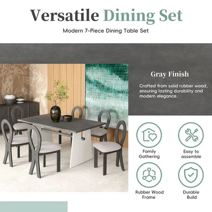 7 Piece Dining Table Set for 6, Versatile Kitchen Dining Table Set with Trestle Dining Table and 6 Upholstered Chairs