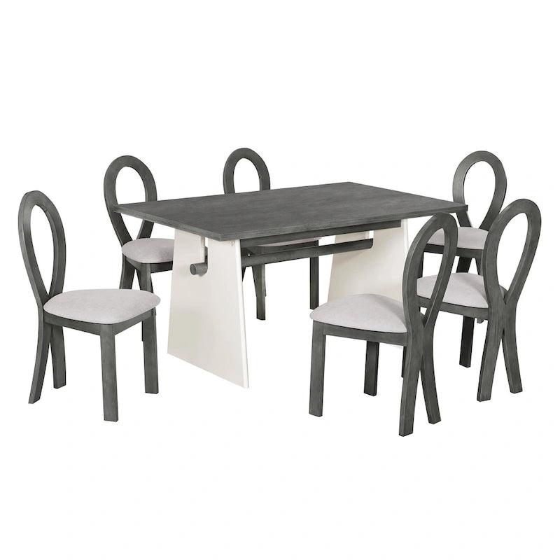 7 Piece Dining Table Set for 6, Versatile Kitchen Dining Table Set with Trestle Dining Table and 6 Upholstered Chairs