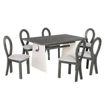 7 Piece Dining Table Set for 6, Versatile Kitchen Dining Table Set with Trestle Dining Table and 6 Upholstered Chairs