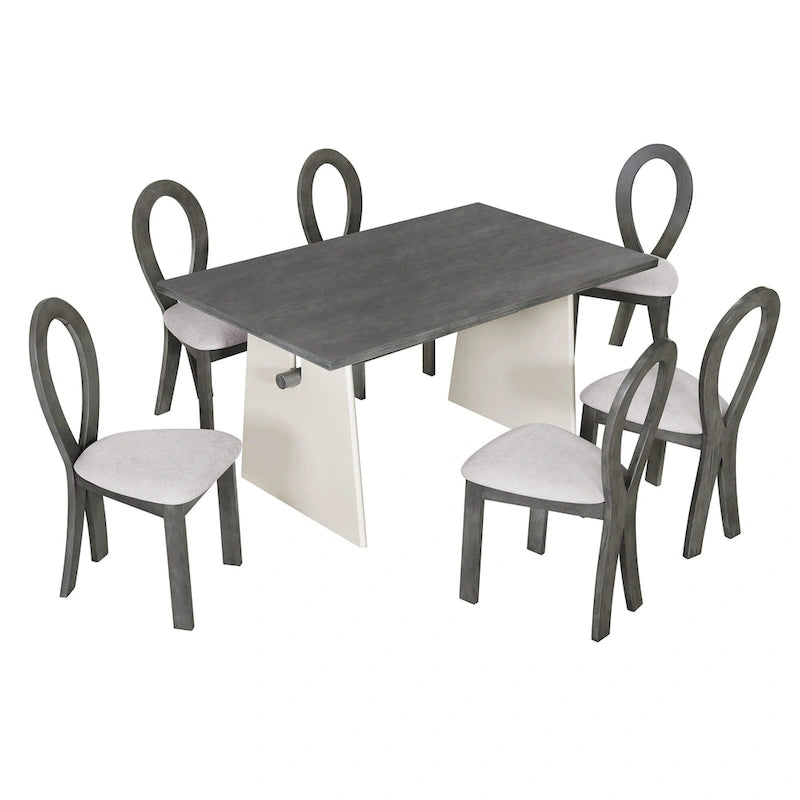 7 Piece Dining Table Set for 6, Versatile Kitchen Dining Table Set with Trestle Dining Table and 6 Upholstered Chairs