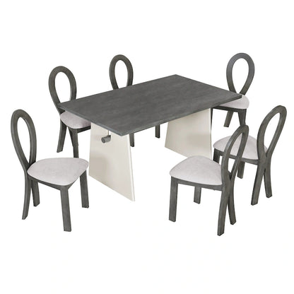 7 Piece Dining Table Set for 6, Versatile Kitchen Dining Table Set with Trestle Dining Table and 6 Upholstered Chairs