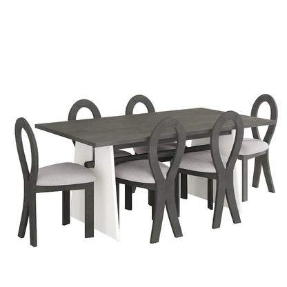 7 Piece Dining Table Set for 6, Versatile Kitchen Dining Table Set with Trestle Dining Table and 6 Upholstered Chairs