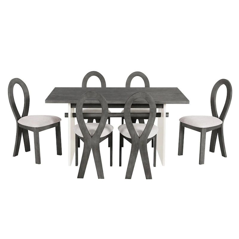 7 Piece Dining Table Set for 6, Versatile Kitchen Dining Table Set with Trestle Dining Table and 6 Upholstered Chairs