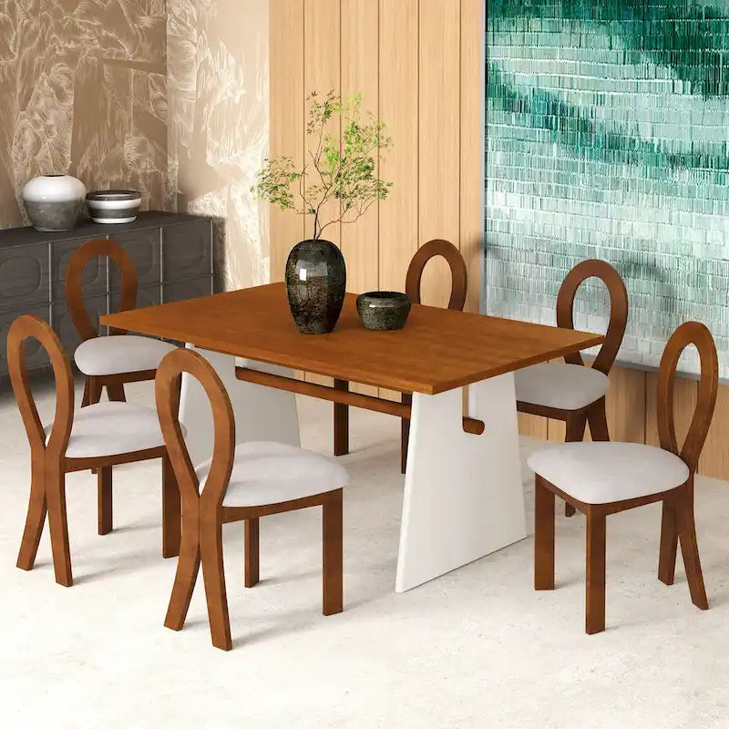 7 Piece Dining Table Set for 6, Versatile Kitchen Dining Table Set with Trestle Dining Table and 6 Upholstered Chairs