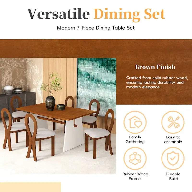 7 Piece Dining Table Set for 6, Versatile Kitchen Dining Table Set with Trestle Dining Table and 6 Upholstered Chairs