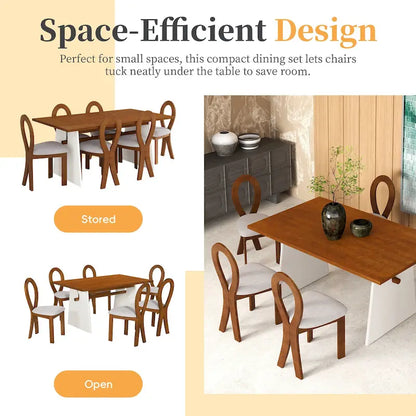 7 Piece Dining Table Set for 6, Versatile Kitchen Dining Table Set with Trestle Dining Table and 6 Upholstered Chairs