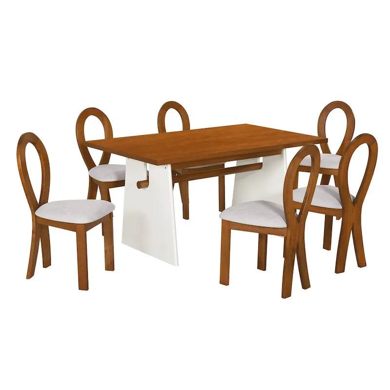7 Piece Dining Table Set for 6, Versatile Kitchen Dining Table Set with Trestle Dining Table and 6 Upholstered Chairs
