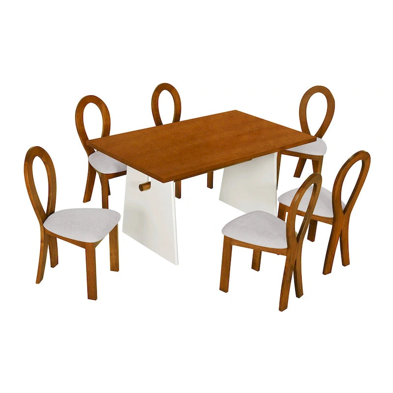 7 Piece Dining Table Set for 6, Versatile Kitchen Dining Table Set with Trestle Dining Table and 6 Upholstered Chairs