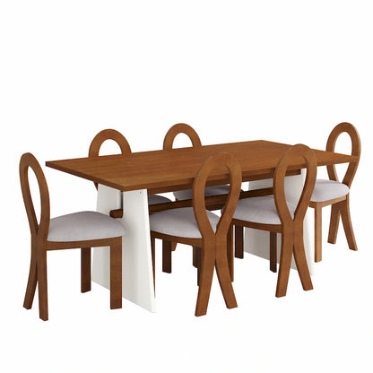 7 Piece Dining Table Set for 6, Versatile Kitchen Dining Table Set with Trestle Dining Table and 6 Upholstered Chairs