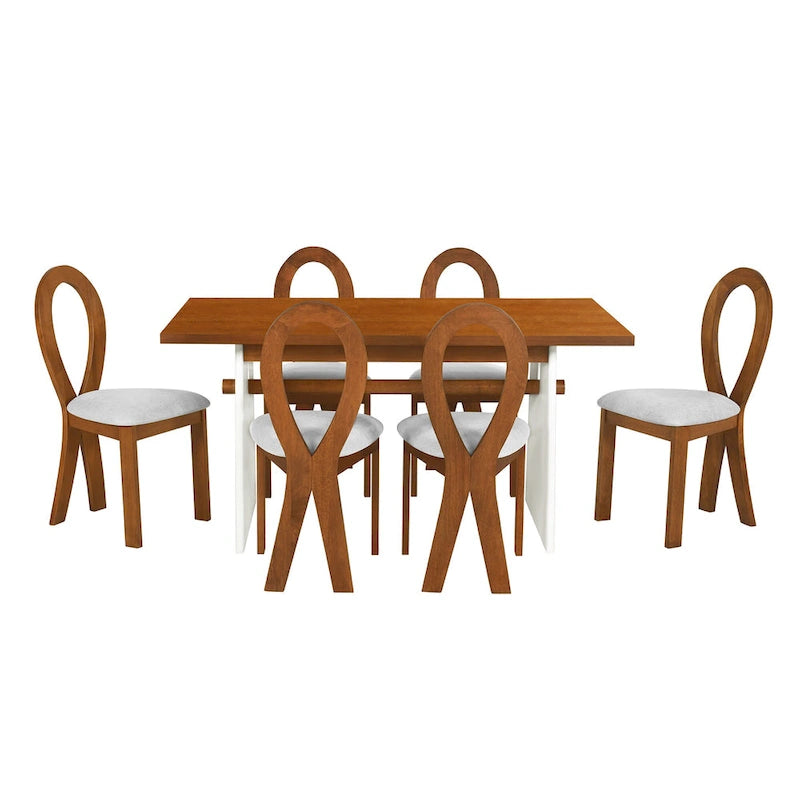 7 Piece Dining Table Set for 6, Versatile Kitchen Dining Table Set with Trestle Dining Table and 6 Upholstered Chairs
