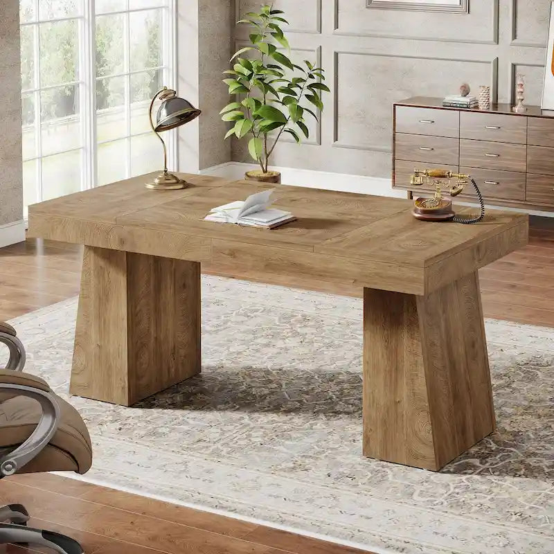 55 Inches Modern Executive Desk, Wood Computer Desk, Business Workstation Desk