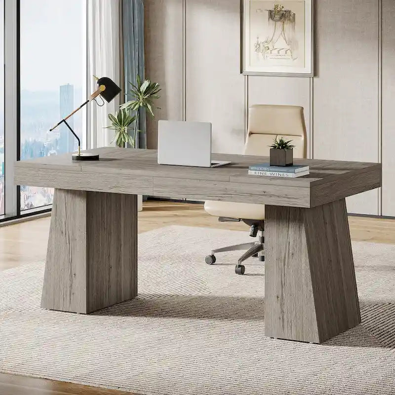 55 Inches Modern Executive Desk, Wood Computer Desk, Business Workstation Desk