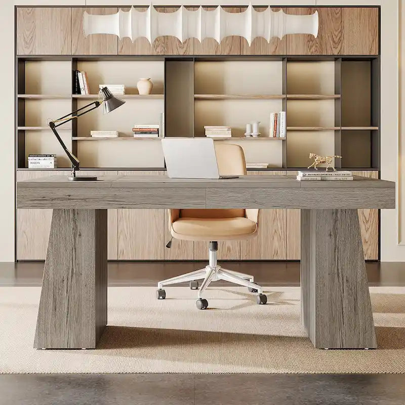 55 Inches Modern Executive Desk, Wood Computer Desk, Business Workstation Desk