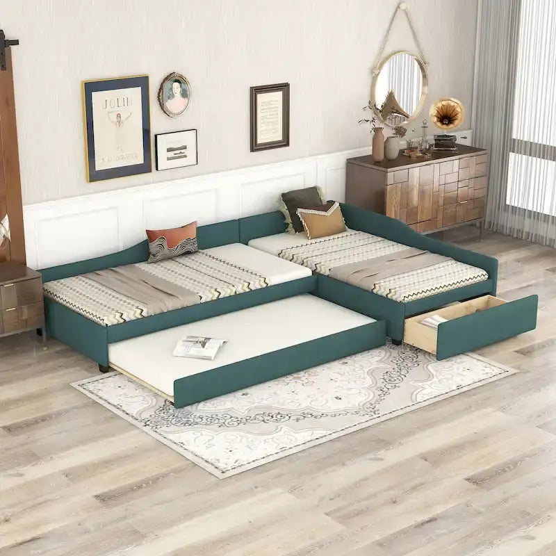 Twin Size Daybed with Drawer, Wooden Support Bed Frame, Upholstered Double Trundle, No Box Spring Needed for Teens