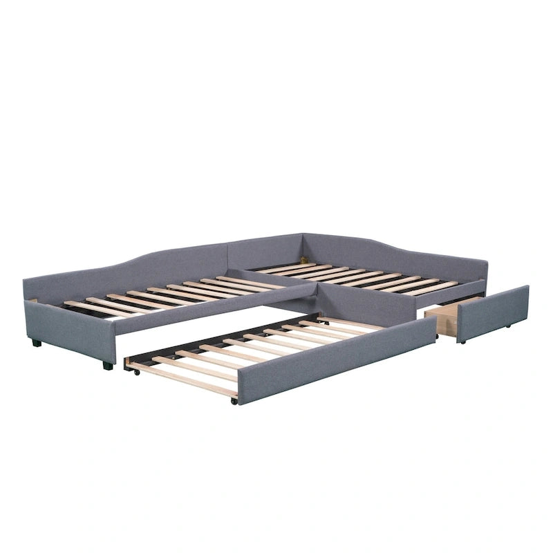 Twin Size Daybed with Drawer, Wooden Support Bed Frame, Upholstered Double Trundle, No Box Spring Needed for Teens
