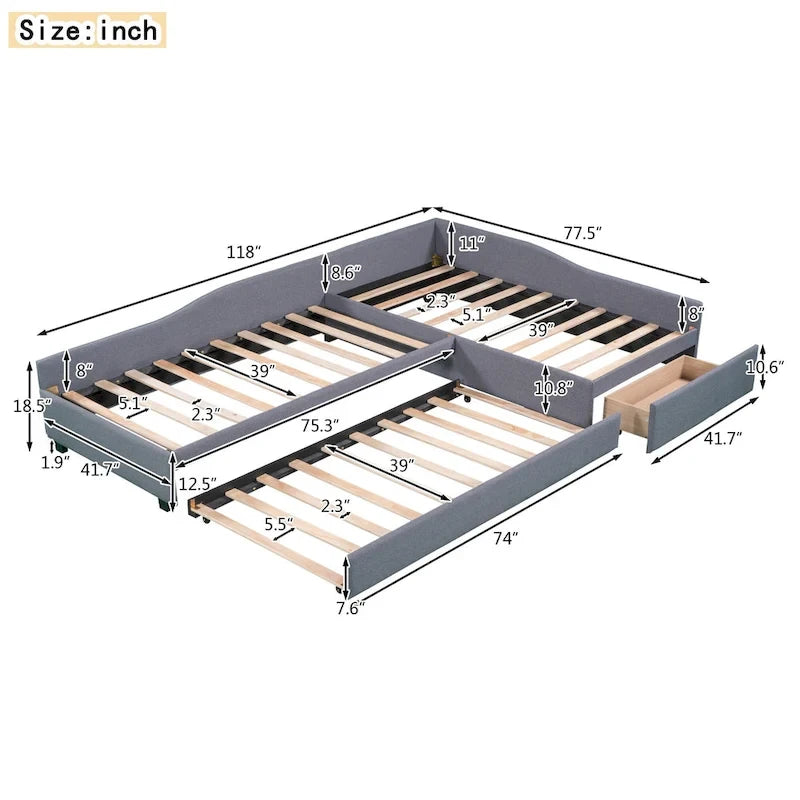 Twin Size Daybed with Drawer, Wooden Support Bed Frame, Upholstered Double Trundle, No Box Spring Needed for Teens