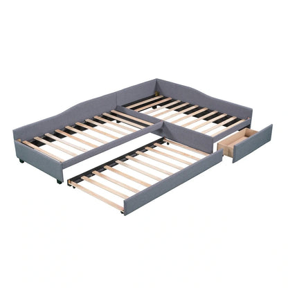 Twin Size Daybed with Drawer, Wooden Support Bed Frame, Upholstered Double Trundle, No Box Spring Needed for Teens