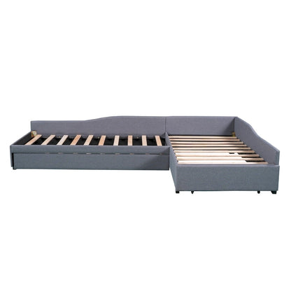 Twin Size Daybed with Drawer, Wooden Support Bed Frame, Upholstered Double Trundle, No Box Spring Needed for Teens