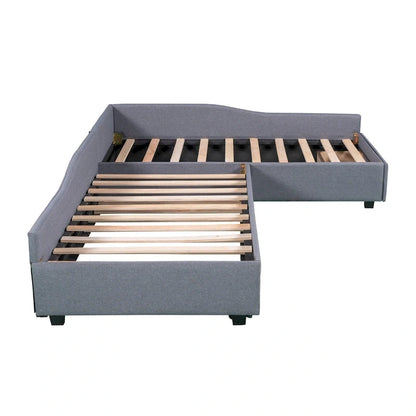 Twin Size Daybed with Drawer, Wooden Support Bed Frame, Upholstered Double Trundle, No Box Spring Needed for Teens